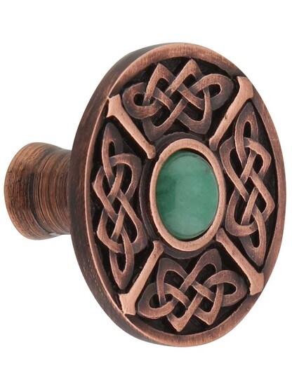 Celtic Jewel Knob Inset with Green Aventurine in Antique Copper.